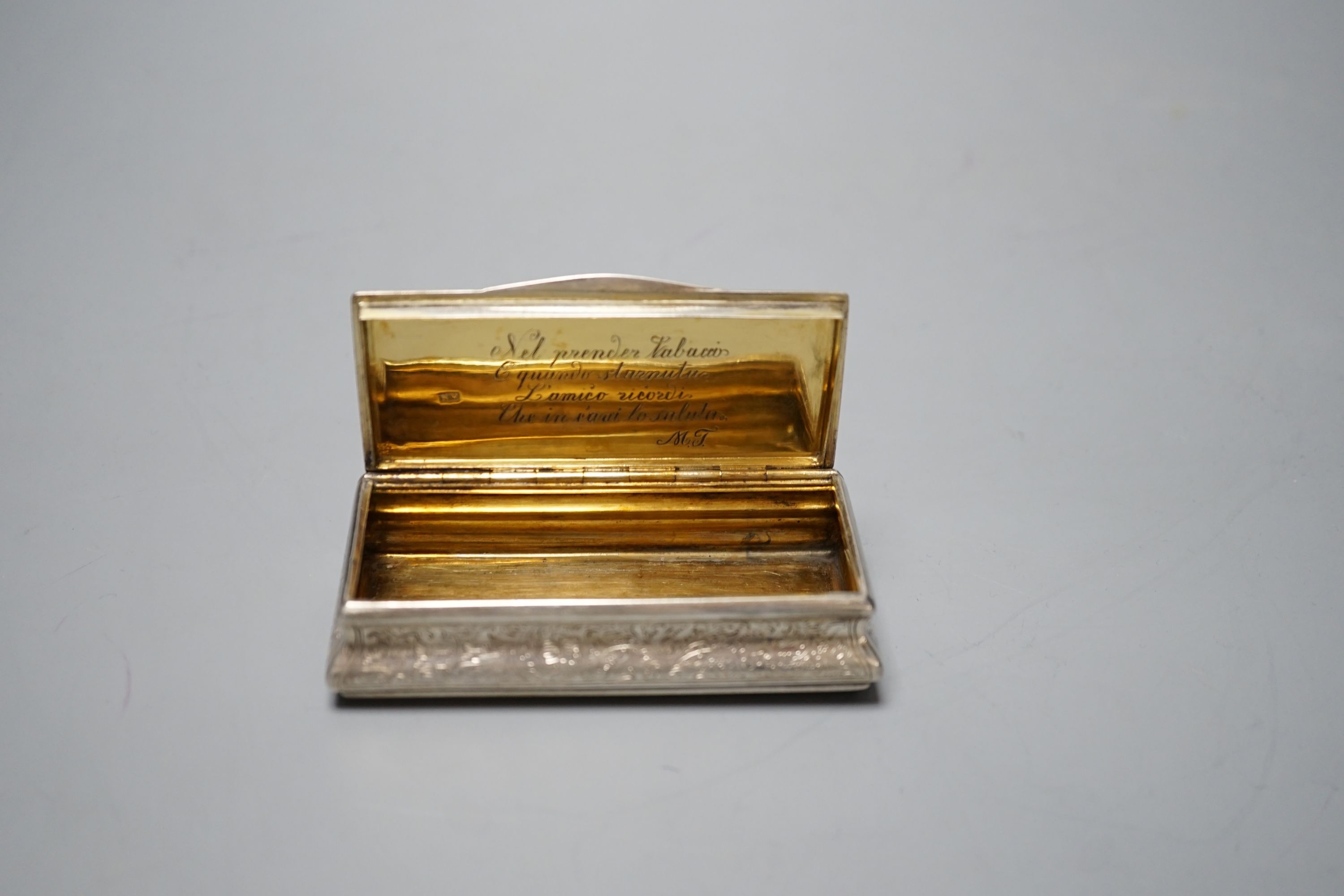 A 19th century Austro-Hungarian white metal and two colour enamel snuff box, with interior engraved inscription, 92mm, gross weight 98.2 grams.